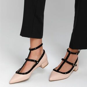 NWOT Lulus Nude Strappy Studded Low Pointed Toe Heels